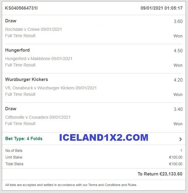 Iceland best fixed matches 1x2 won 09 01